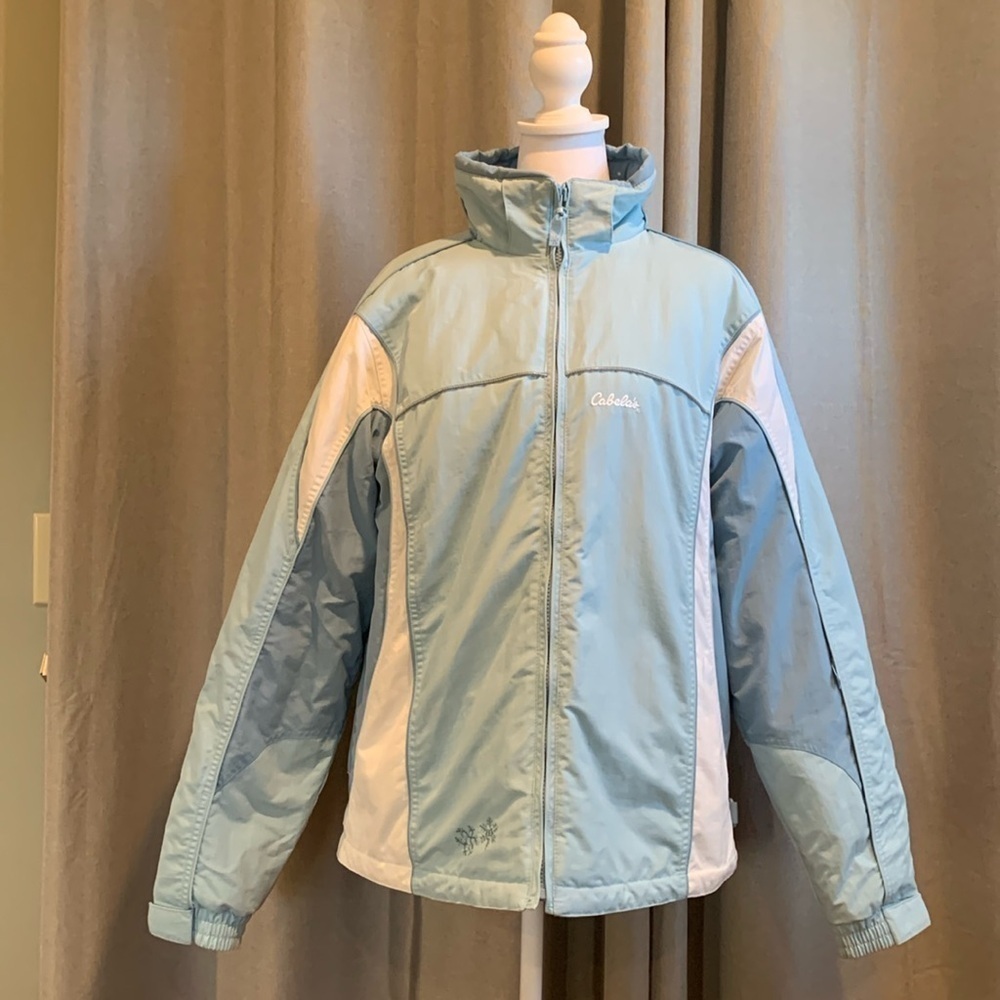 Cabela’s Puffer Blue & White Full Zipper Jacket W/Removable Hood Size XL - Picture 4 of 17